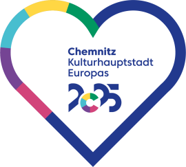 Das Logo von Chemnitz 2025: Herz mit Schrift und Jahreszahl 2025